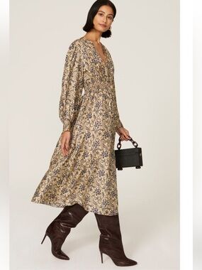 Floral Smocked-Waist Midi Dress in Beige and Blue